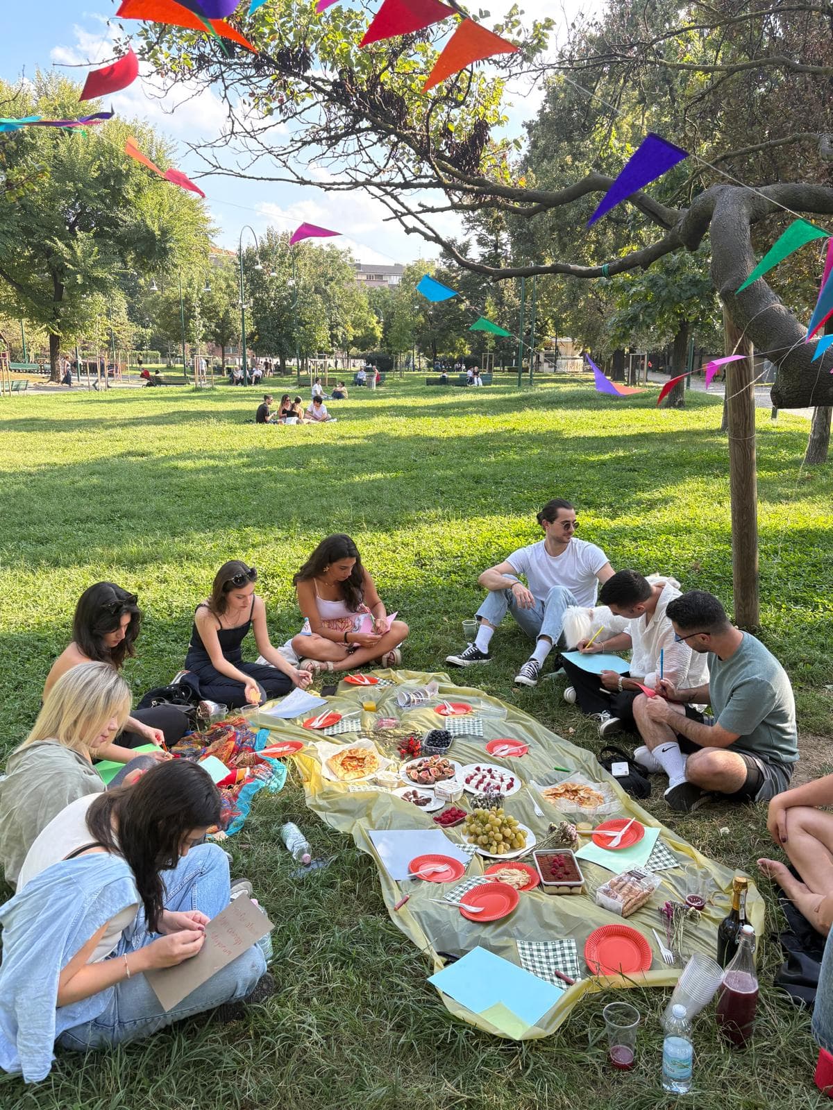 Park picnic with colorful bunting